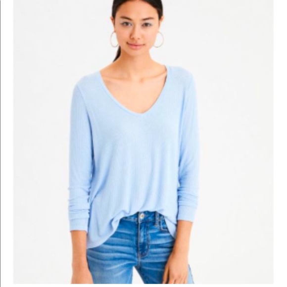 American Eagle Outfitters Tops - American Eagle Soft & Sexy Baby Blue Ribbed V-Neck Long Sleeve Tee